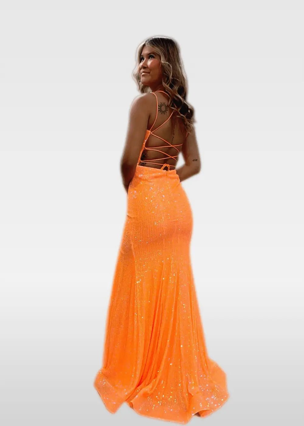 Elvira |Trumpet/Mermaid V - Neck Spaghetti Straps Ivory Sequins Long Prom Dress with Split Front - Orange - US0 - PromDressClub