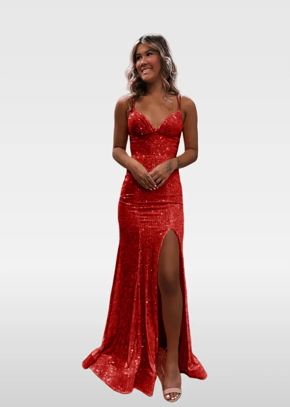 Elvira |Trumpet/Mermaid V - Neck Spaghetti Straps Ivory Sequins Long Prom Dress with Split Front - Red - US0 - PromDressClub