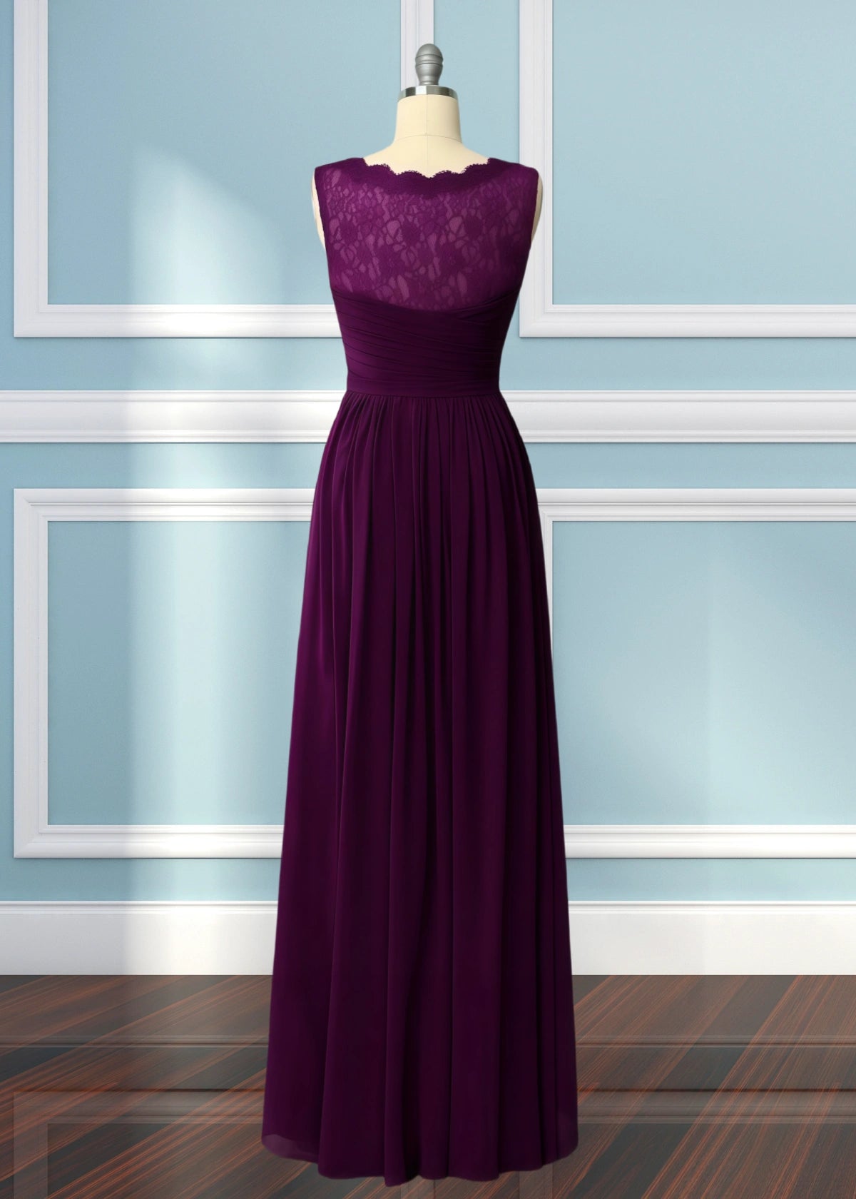 Ula | A Line Corset Lace Embroidered White Chiffon Long Bridesmaid Dress - Dark Purple - PROMDRESS Club