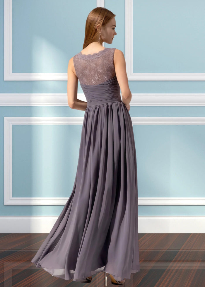 Ula | A Line Corset Lace Embroidered White Chiffon Long Bridesmaid Dress - Price #price_variant_lowest# - Grey - PromDressClub