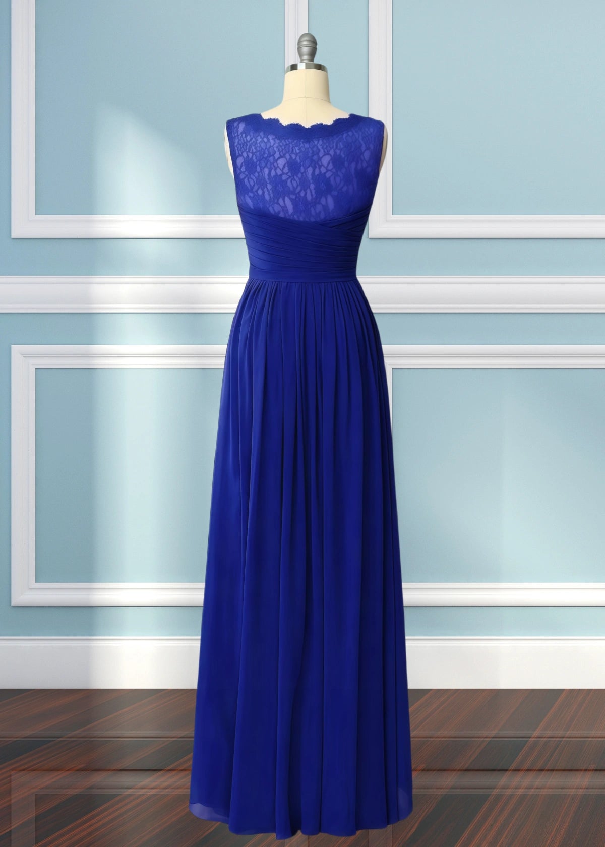 Ula | A Line Corset Lace Embroidered White Chiffon Long Bridesmaid Dress - Royal Blue - PROMDRESS Club