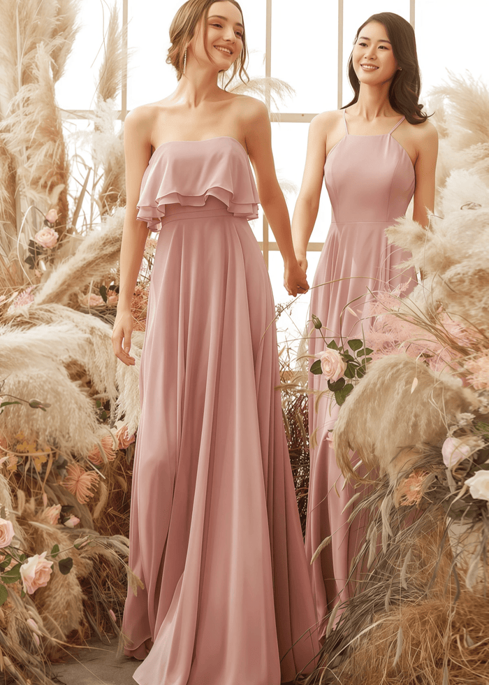Ursula | A Line Strapless Blush Chiffon Maxi Bridesmaid Dress - Price #price_variant_lowest# - Blush - PromDressClub