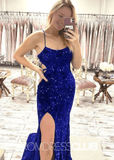 Vanessa |Dress for Prom Black Long Mermaid With Sequin Lace - Up Back Slit - Royal Blue - PromDressClub