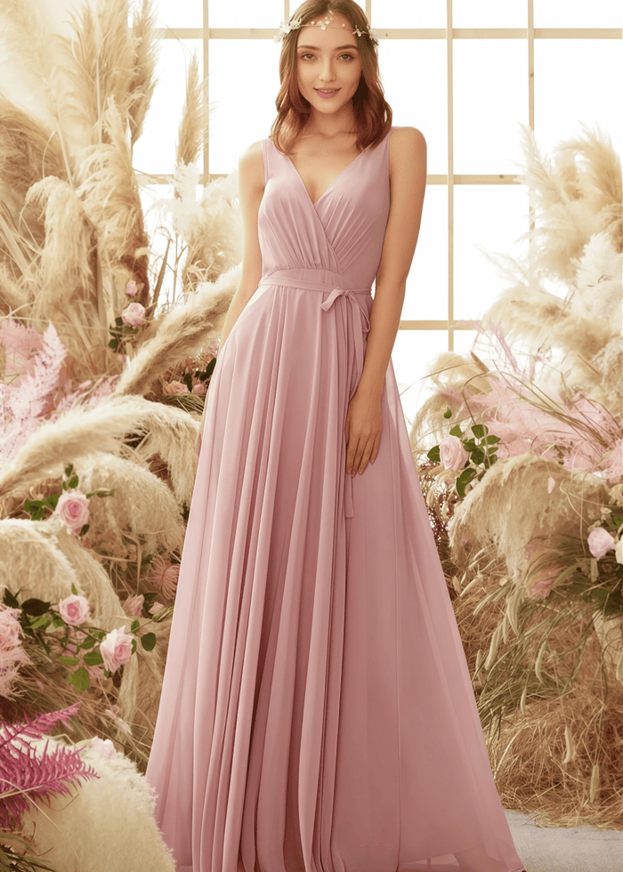 Vera | A Line Blush Chiffon Corset Long Bridesmaid Dress - Price #price_variant_lowest# - Blush - PromDressClub