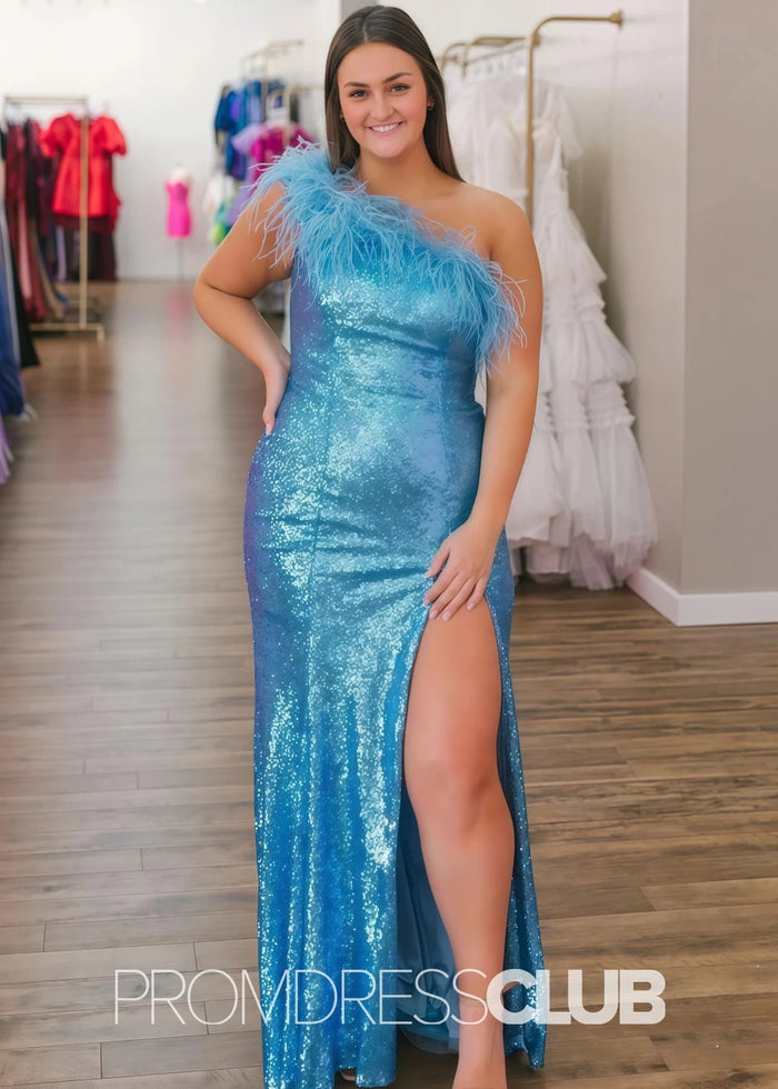 Vera |A Pink Prom Dress Mermaid Long With Sequin Feather One - Shoulder Slit - Blue - PromDressClub