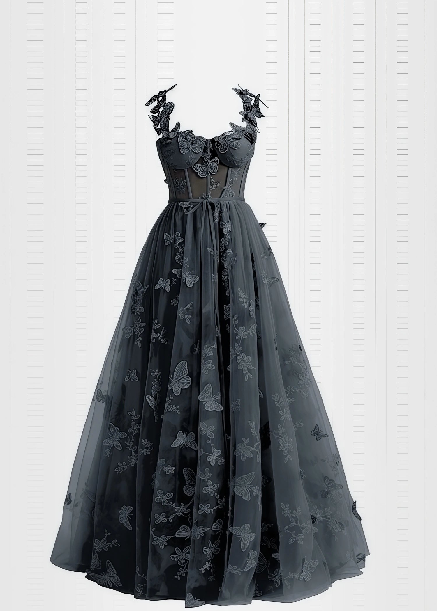 Verna |Lilac Prom Dresses Long A - line Lace Slit Corset with 3D Butterfly - Navy Blue - PromDressClub