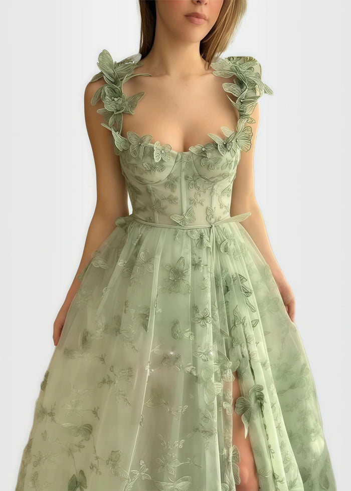 Verna |Lilac Prom Dresses Long A - line Lace Slit Corset with 3D Butterfly - Green - PromDressClub