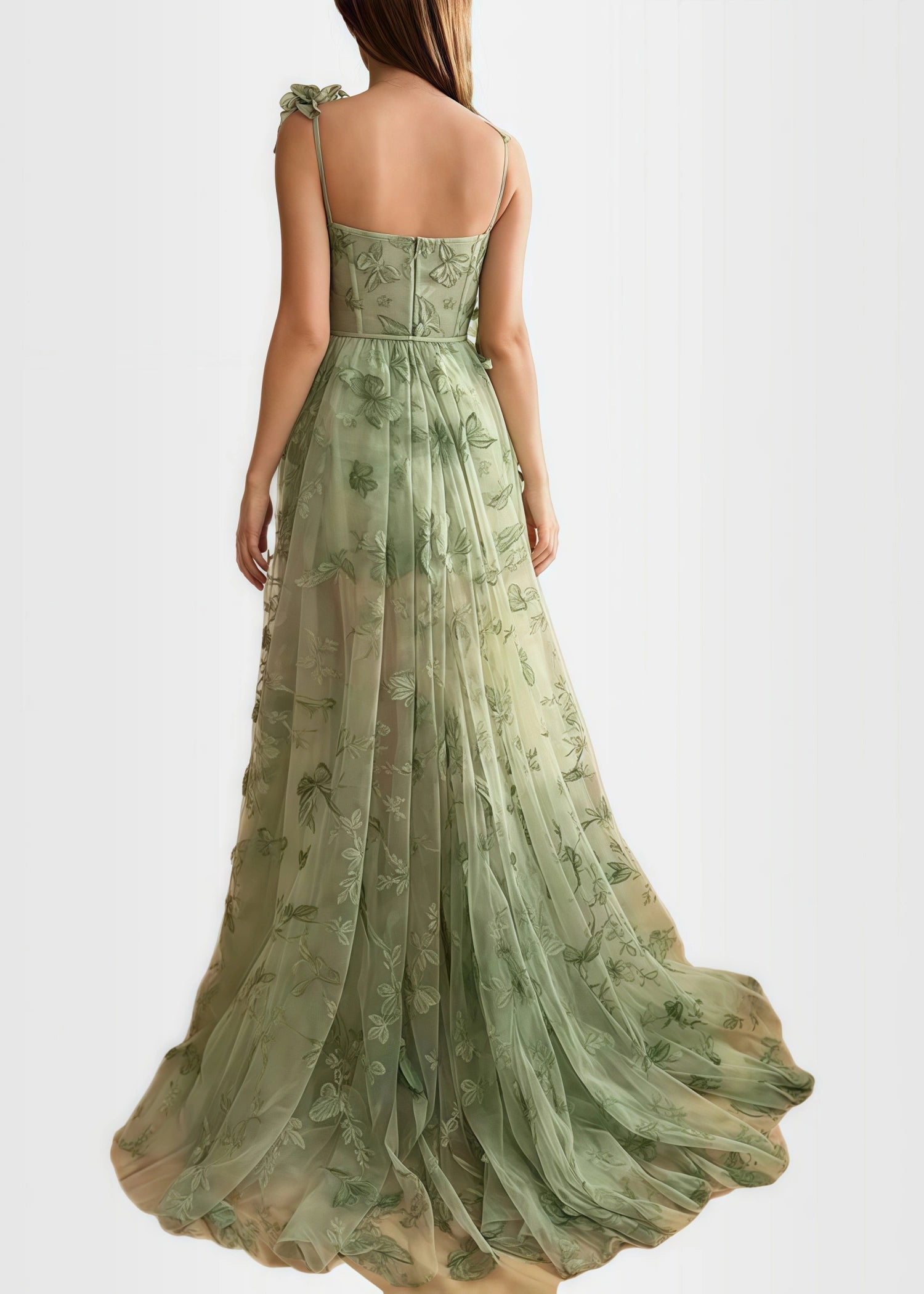 Verna |Lilac Prom Dresses Long A - line Lace Slit Corset with 3D Butterfly - Green - PromDressClub