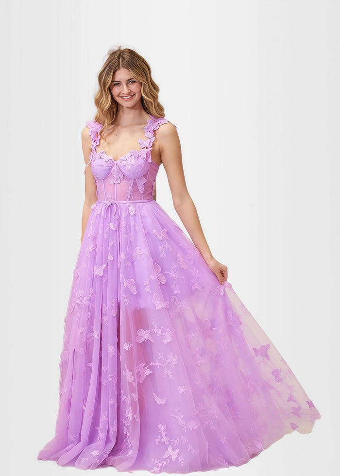 Verna |Lilac Prom Dresses Long A - line Lace Slit Corset with 3D Butterfly - Lilac - PromDressClub