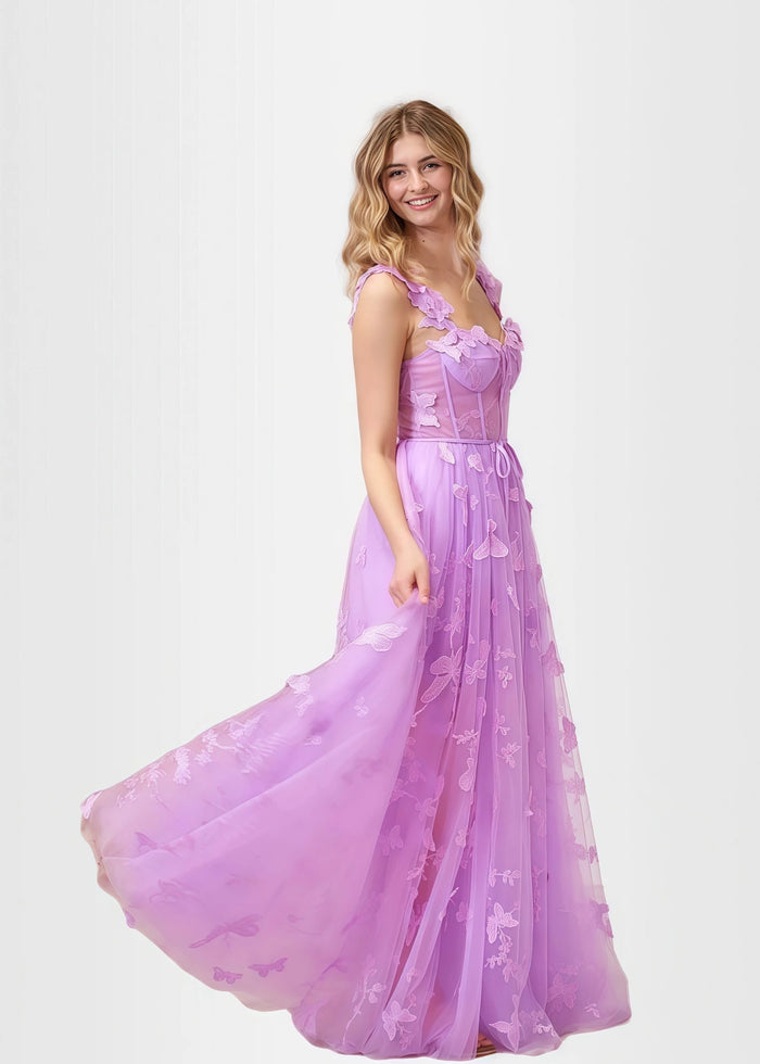 Verna |Lilac Prom Dresses Long A - line Lace Slit Corset with 3D Butterfly - Lilac - PromDressClub