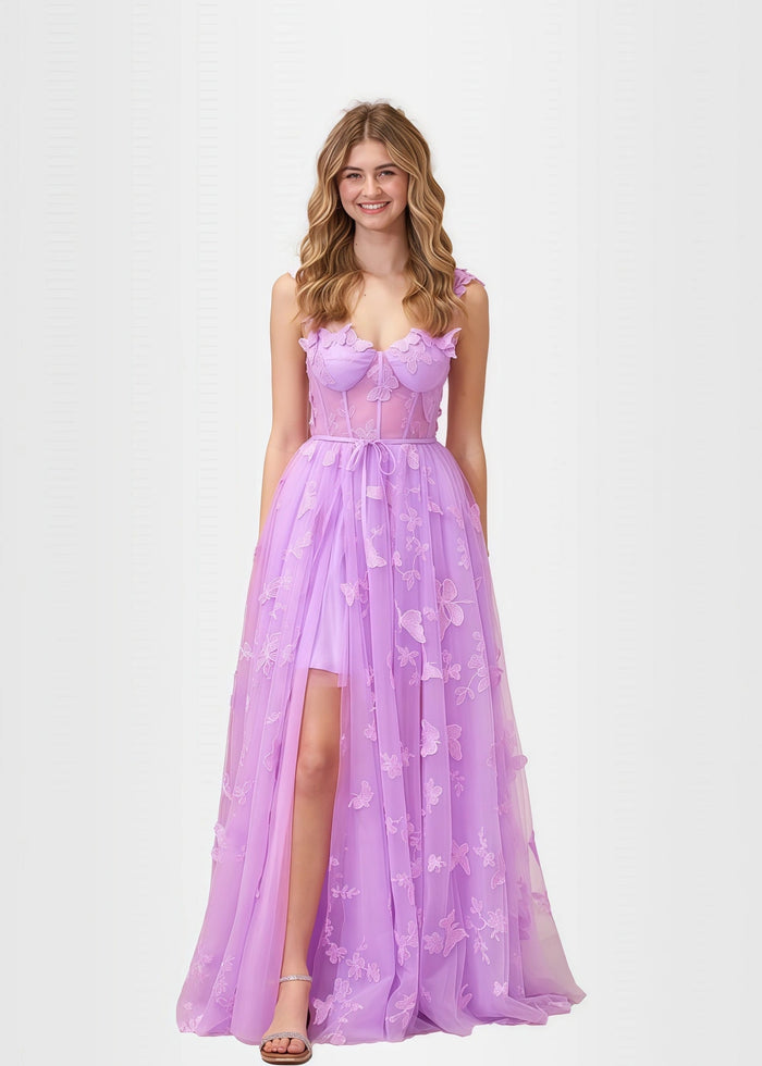 Verna |Lilac Prom Dresses Long A - line Lace Slit Corset with 3D Butterfly - Lilac - PromDressClub