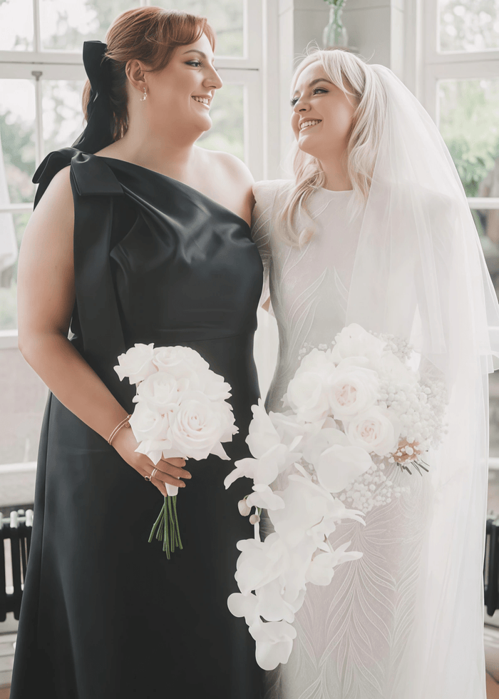 Verna | Sheath Bows Light Blue Satin Maxi Bridesmaid Dress with Sleeveless One Shoulder - Price #price_variant_lowest# - Black - PromDressClub