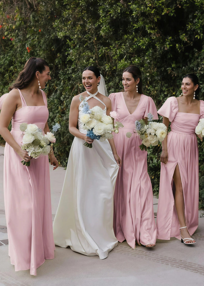 Veromca | Exquisite A Line Yellow Satin Maxi Bridesmaid Dress with Slit - Price #price_variant_lowest# - Light Pink - PromDressClub