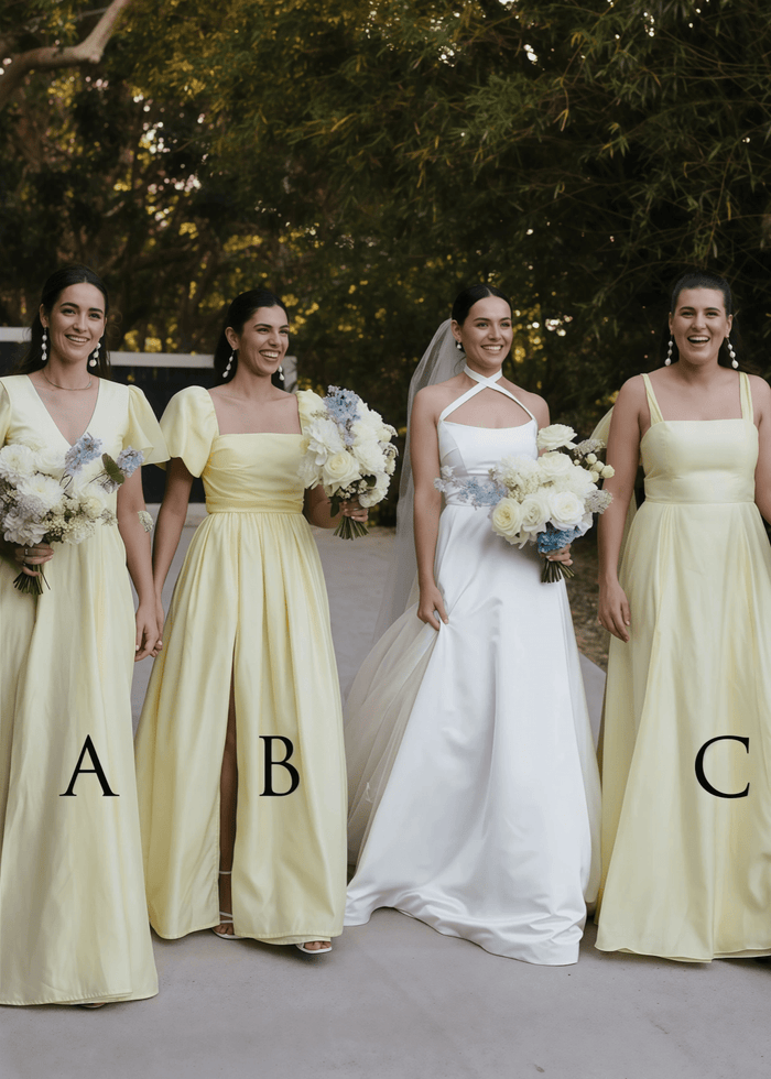 Veromca | Exquisite A Line Yellow Satin Maxi Bridesmaid Dress with Slit - Price #price_variant_lowest# - Yellow - PromDressClub