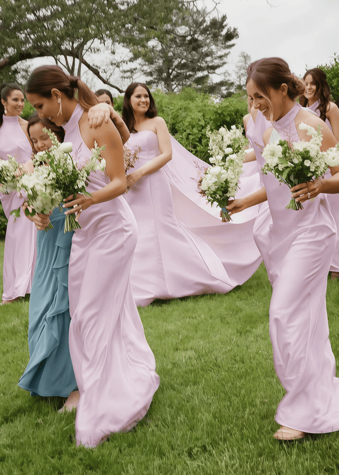 Vicky | Simple Sheath White Silk Satin Maxi Bridesmaid Dress with Backless and Halter - Price #price_variant_lowest# - Light Pink - PromDressClub