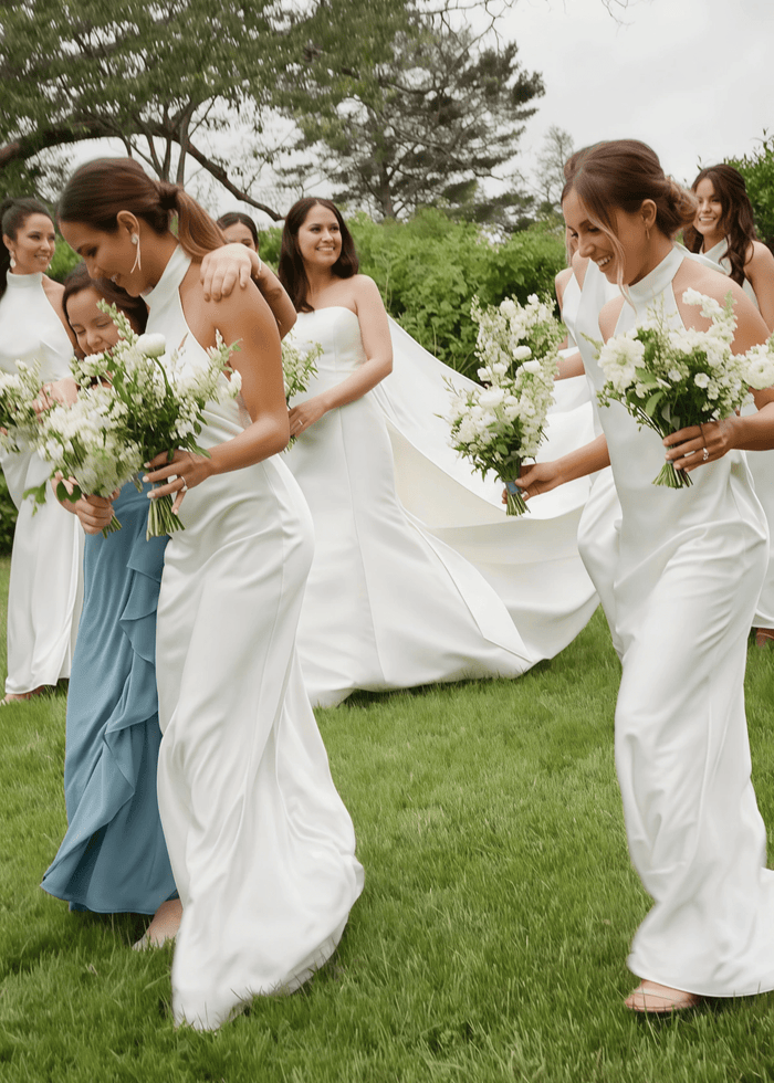 Vicky | Simple Sheath White Silk Satin Maxi Bridesmaid Dress with Backless and Halter - Price #price_variant_lowest# - White - PromDressClub