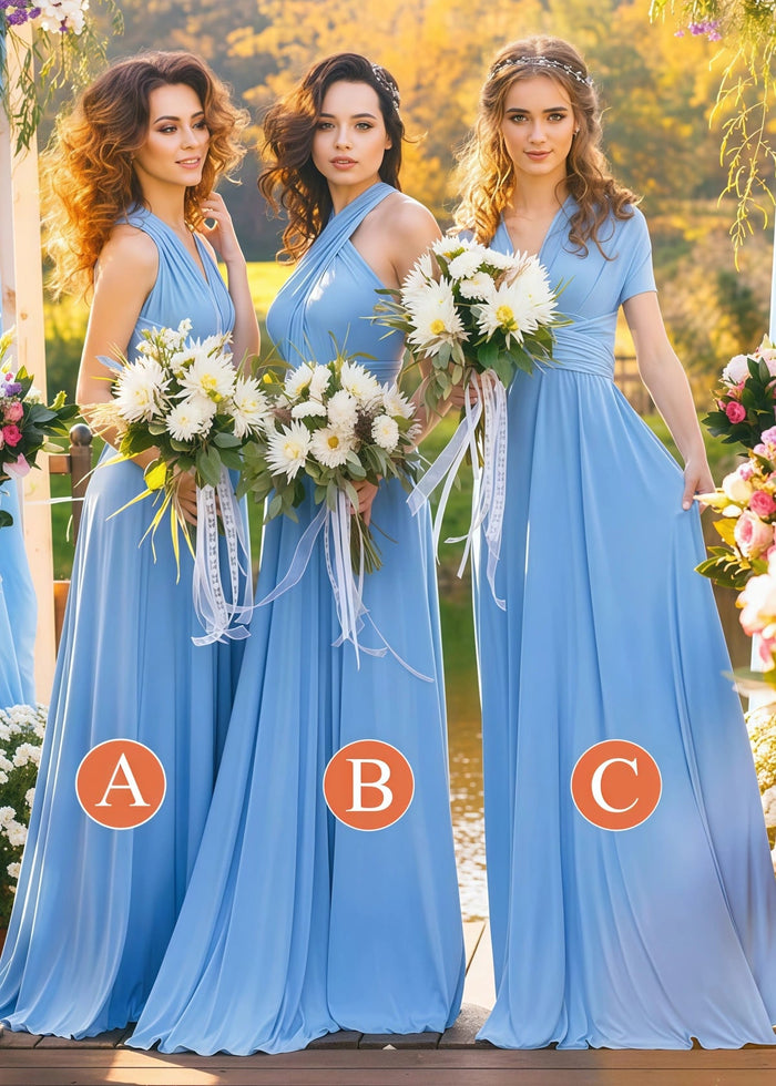 Viola | A - Line Sky Blue Convertible Chiffon Maxi Bridesmaid Dress with Backless and Sleeveless - Price #price_variant_lowest# - Sky Blue - PromDressClub