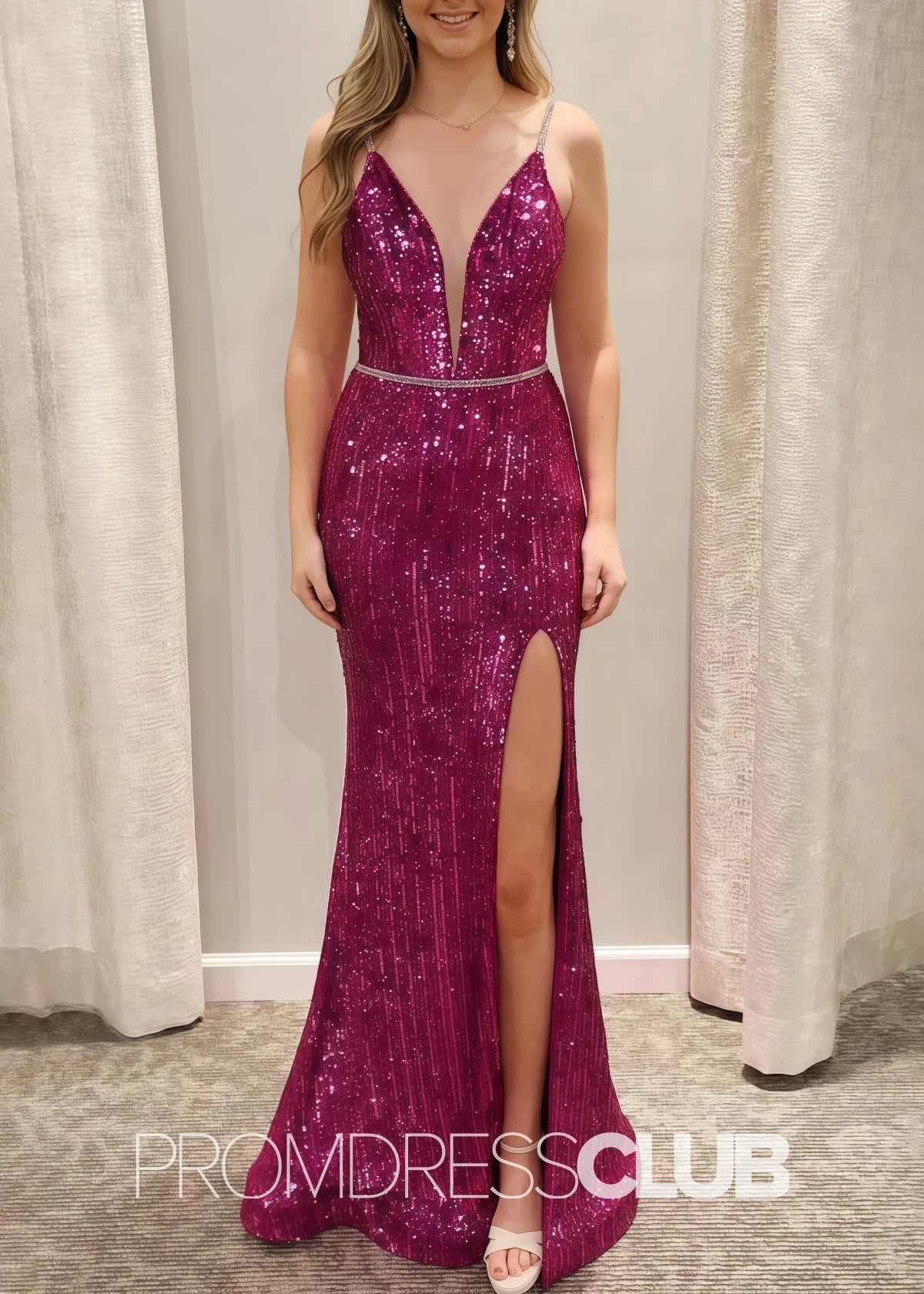 Vivien |Fuchsia Prom Dresses Long Mermaid V - Neck Spaghetti Straps Sequines with Slit - Fuchsia - PromDressClub