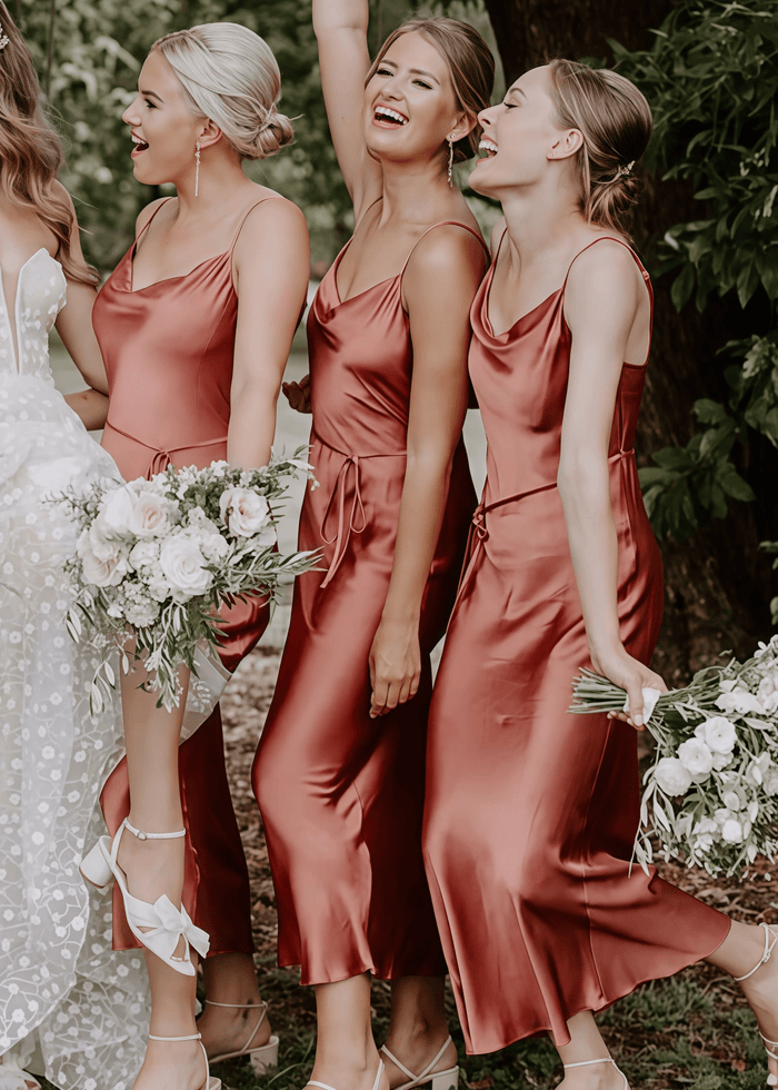 Wendy | Boho Sheath Rust Silk Satin Maxi Bridesmaid Dress with Spaghetti Straps - Price #price_variant_lowest# - Rust - PromDressClub