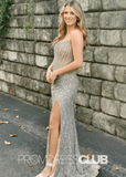 Winni |Champagne Color Prom Dress Long Mermaid Sequin Beaded Strapless with Slit - Champagne - PromDressClub