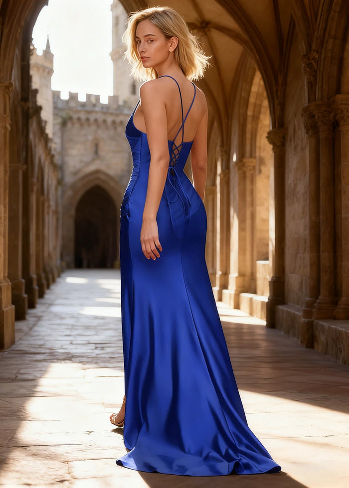 Wren Pleated Royal Blue Prom Dress with Slit | Column Spaghetti Strap V - Neck Satin Gown - Royal Blue - PromDressClub