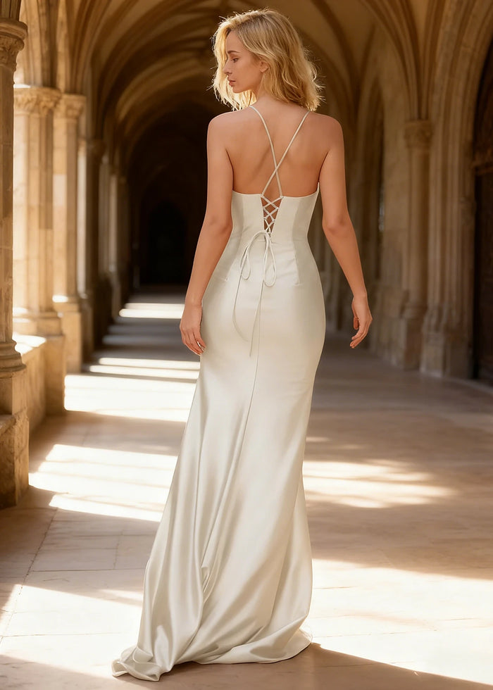 Wren Pleated White Prom Dress with Slit | Column Spaghetti Strap V - Neck Satin Gown - White - PromDressClub