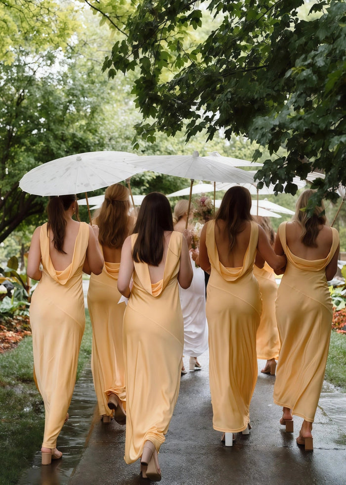 Xaviera | Refinement Sheath Pale Yellow Silk Satin Maxi Bridesmaid Dress with V - neck - Price #price_variant_lowest# - Pale Yellow - PromDressClub