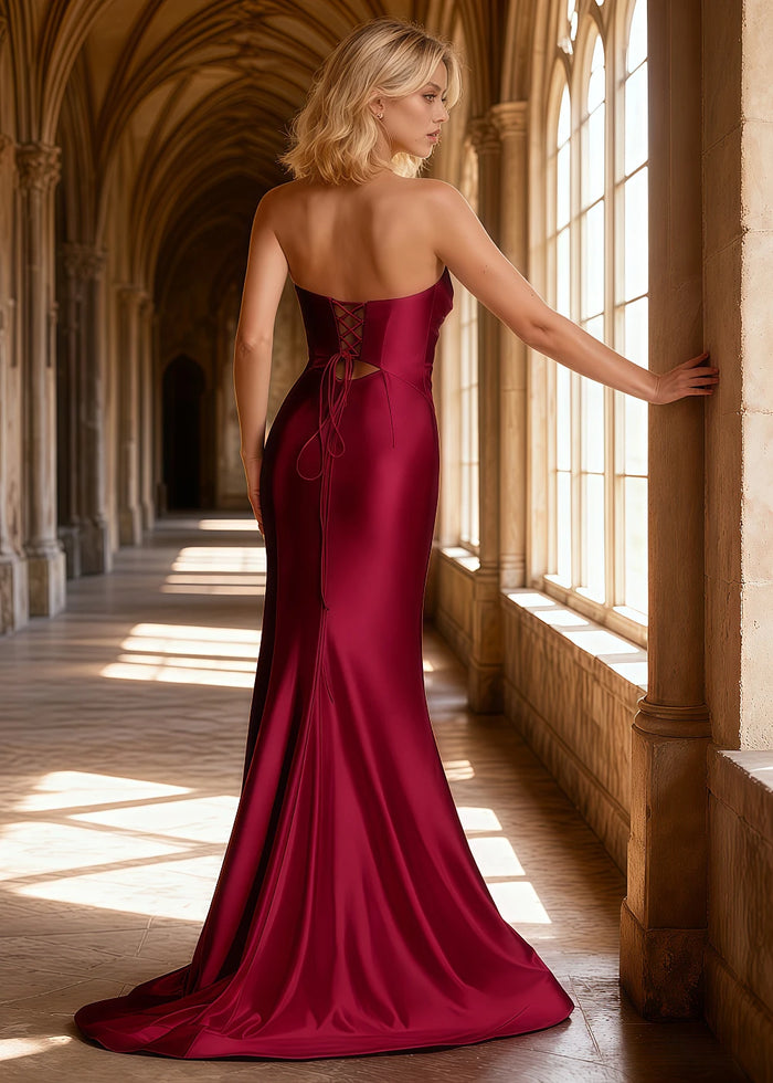 Xena Burgundy Satin Corset Prom Dress with Cutouts | Sheath Strapless Sweetheart Neckline Backless Lace - up Gown with Split - US00 - PromDressClub