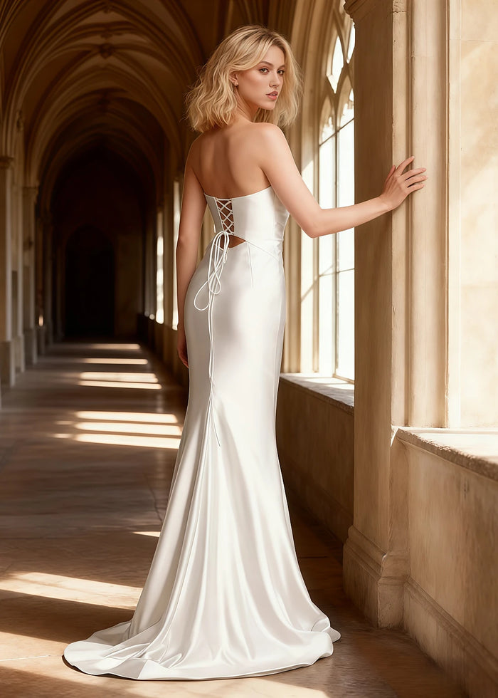 Xena White Satin Corset Prom Dress with Cutouts | Sheath Strapless Sweetheart Neckline Backless Lace - up Gown with Split - US00 - PromDressClub