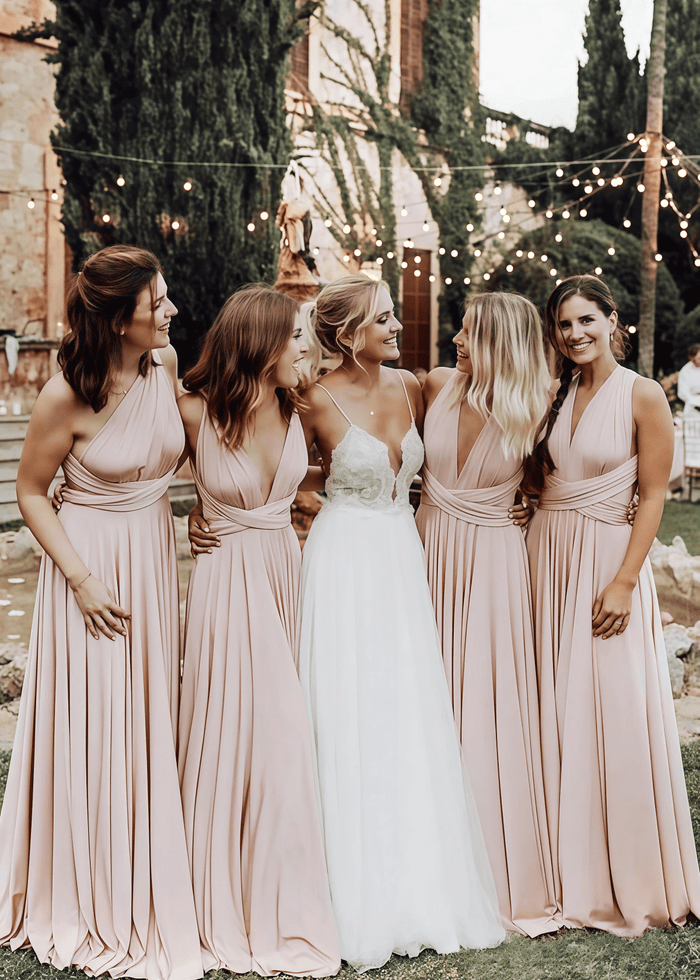 Xenia | Elegant Light Pink Corset Chiffon Maxi Bridesmaid Dress with V - Neck or One Shoulder - Price #price_variant_lowest# - Light Pink - PromDressClub