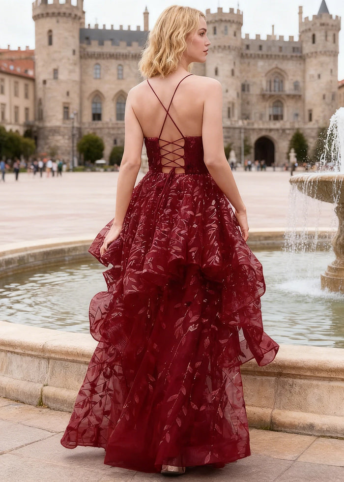 Yara Burgundy Tulle Floral Jacquard Prom Dress | A - Line Spaghetti Strap V - Neck Ruffle Gown - US00 - PromDressClub