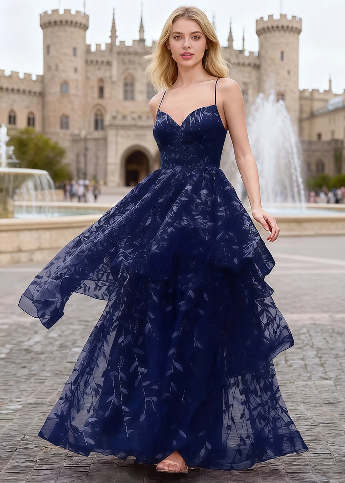 Yara Navy Blue Tulle Floral Jacquard Prom Dress | A - Line Spaghetti Strap V - Neck Ruffle Gown - US00 - PromDressClub