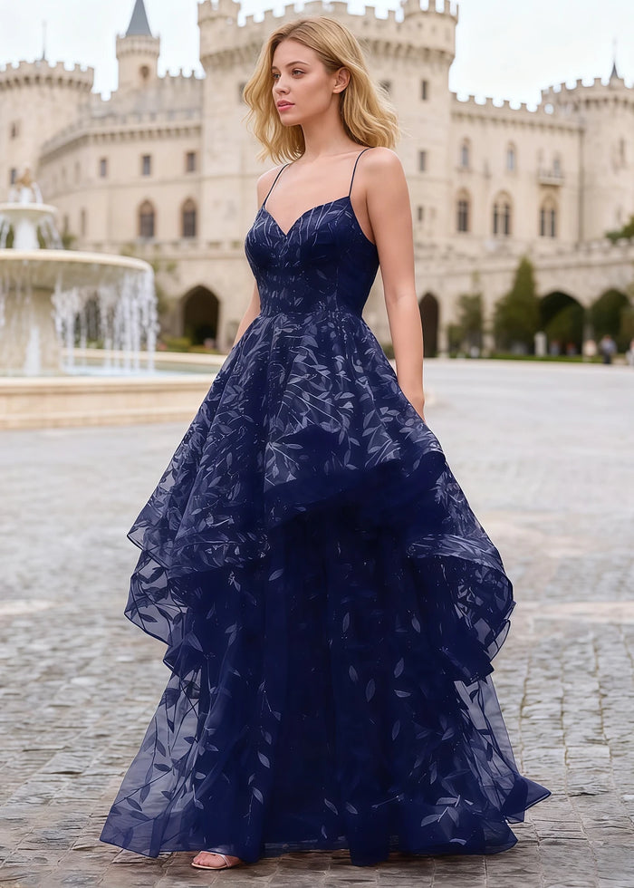 Yara Navy Blue Tulle Floral Jacquard Prom Dress | A - Line Spaghetti Strap V - Neck Ruffle Gown - US00 - PromDressClub