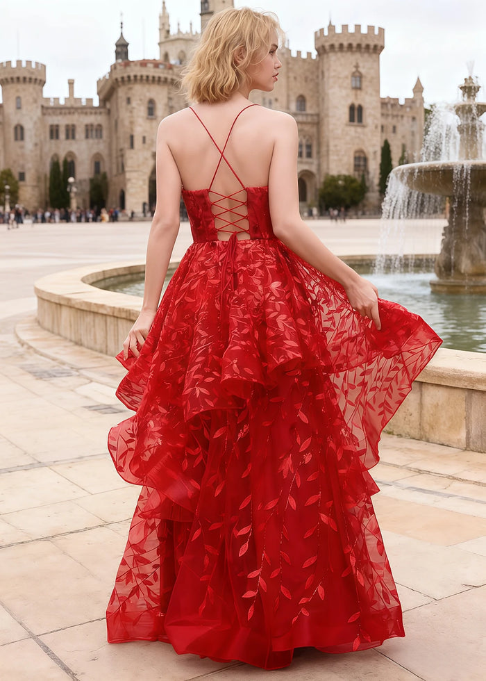 Yara Red Tulle Floral Jacquard Prom Dress | A - Line Spaghetti Strap V - Neck Ruffle Gown - US00 - PromDressClub