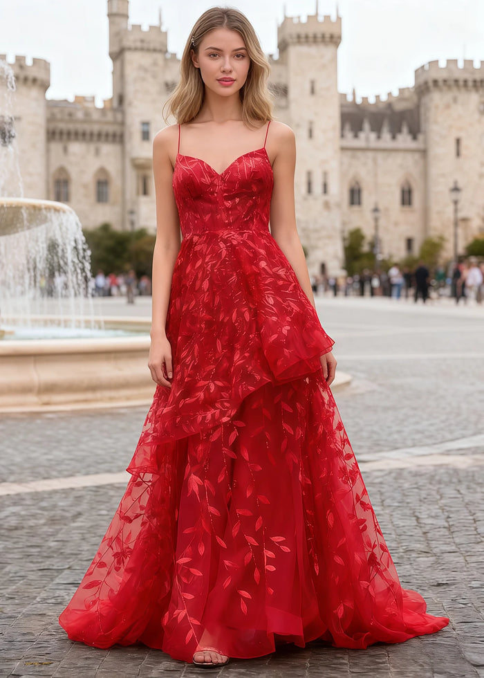 Yara Red Tulle Floral Jacquard Prom Dress | A - Line Spaghetti Strap V - Neck Ruffle Gown - US00 - PromDressClub