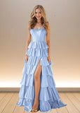 Yellow Satin Strapless Beaded Ruffle Formal Dress with Slit - Light Blue - PromDressClub