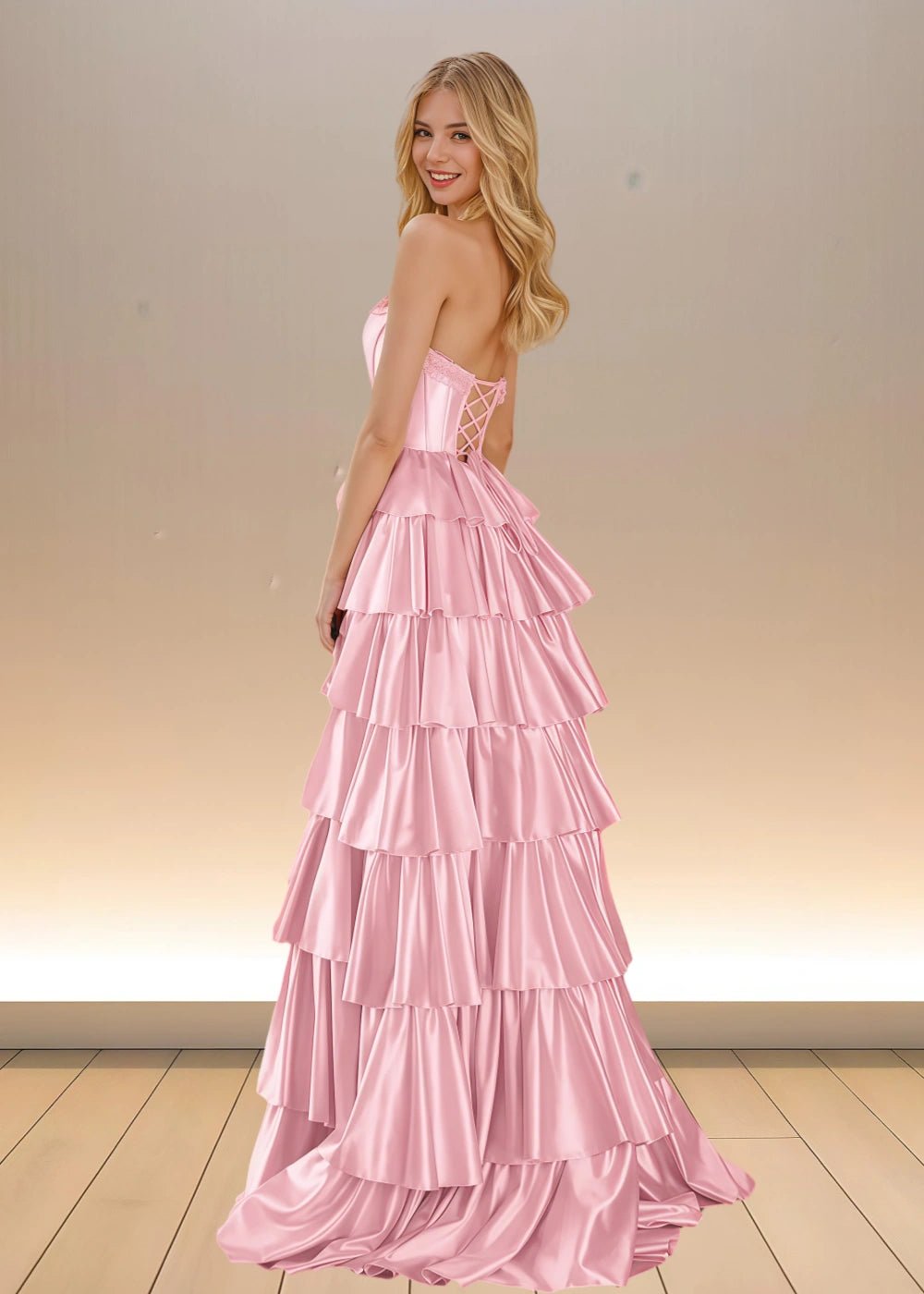 Adele | Yellow Satin Strapless Beaded Ruffle Formal Dress with Slit - Light Pink - PromDressClub