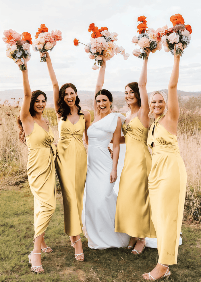 Yetta | Fashion Pleated Grey Blue Halter Satin Long Bridesmaid Dresses with Slit A Line - Price #price_variant_lowest# - Pale Yellow - PromDressClub