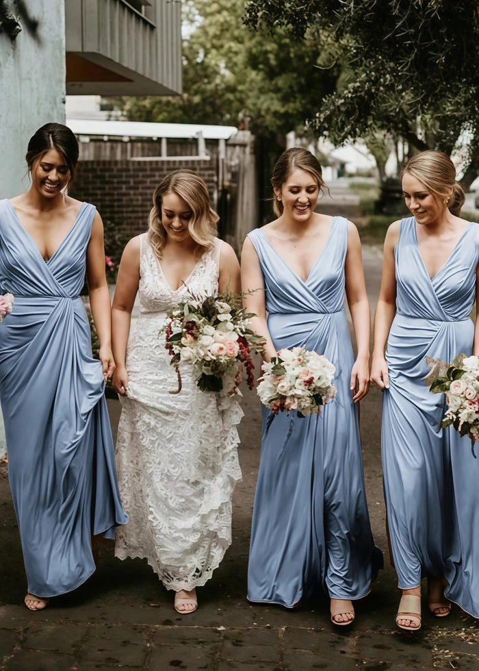 Yvonne | Amazing Pleated Pink Chiffon Maxi Bridesmaid Dress with V - Neck and Sleeveless - Price #price_variant_lowest# - Light Blue - PromDressClub