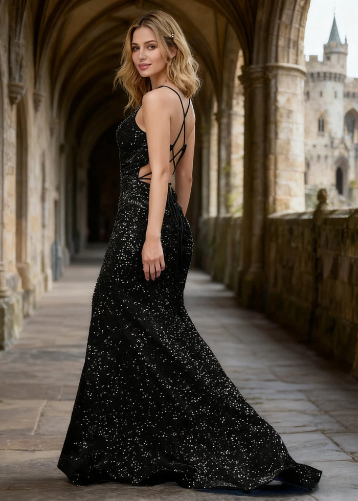 Zara Black Velvet Sequins Prom Dress | Sheath Fitted Spaghetti Straps V - Neck Backless Pleated Dress with Slit - US0 - PromDressClub