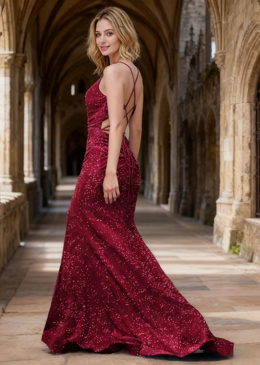 Zara Burgundy Velvet Sequins Prom Dress | Sheath Fitted Spaghetti Straps V - Neck Backless Pleated Dress with Slit - US0 - PromDressClub