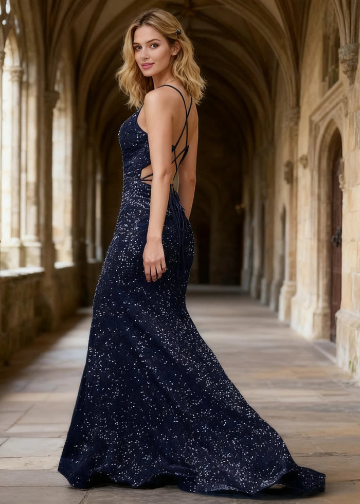 Zara Navy Blue Velvet Sequins Prom Dress | Sheath Fitted Spaghetti Straps V - Neck Backless Pleated Dress with Slit - US0 - PromDressClub