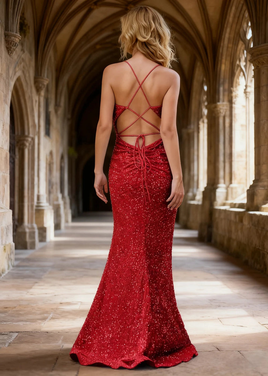 Zara Red Velvet Sequins Prom Dress | Sheath Fitted Spaghetti Straps V - Neck Backless Pleated Dress with Slit - US0 - PromDressClub