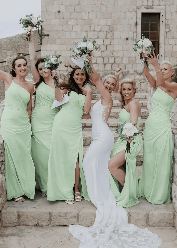 Zenobia | Chic Sheath Light Blue Chifon Maxi Bridesmaid Dress with Slit and One Shoulder - Price #price_variant_lowest# - Sage - PromDressClub